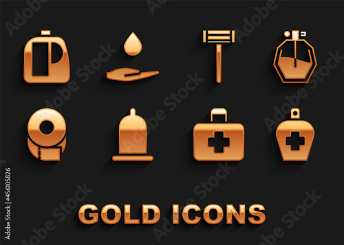 Set Condom, Perfume, Bottle of liquid antibacterial soap, First aid kit, Toilet paper roll, Shaving razor, Bottles for cleaning agent and Washing hands with icon. Vector