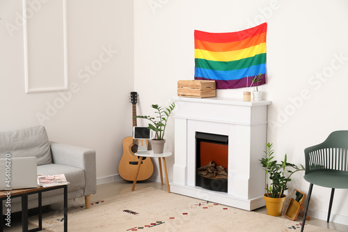 Interior of modern living room with flag of LGBT