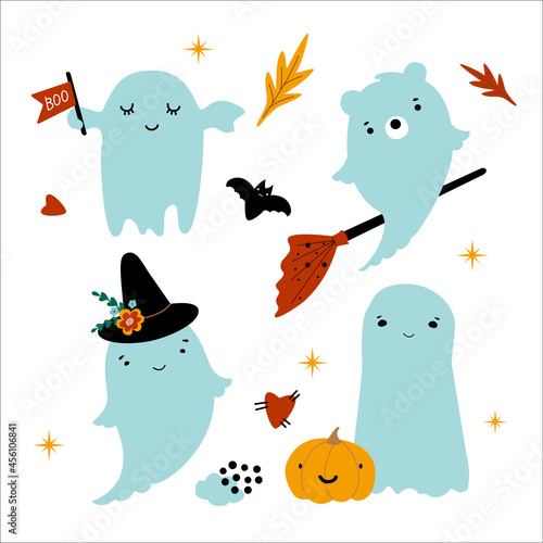 Set of cute baby ghosts for Happy Halloween. Bat  pumpkin heart. Illustration in flat style for nursery or holiday decor  postcard  poster  fabric
