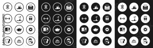 Set Gym building, Treadmill machine, Dumbbell, No doping syringe, Coffee cup to go, Fruit, Sun and Bed icon. Vector
