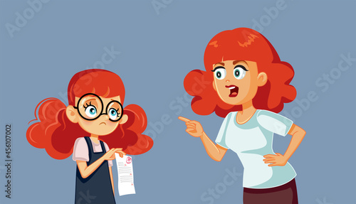 Angry Mom Scolding Daughter for Bad Grade Vector Cartoon