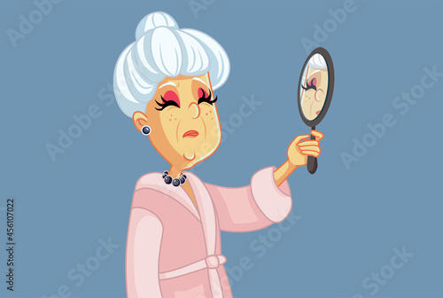 Sad Senior Woman Looking in the Mirror Vector Cartoon