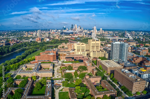 Aerial View of a large Public University near Downtown Minneapolis in the Twin Cities of Minnesota