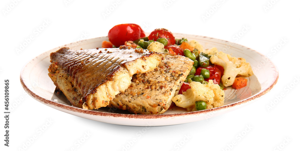 Plate with tasty baked cod fillet and vegetables on white background Plate with tasty baked cod fillet and vegetables on white background