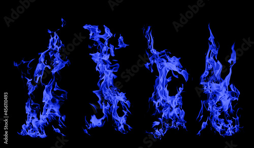 Several blue bonfires on a black background