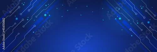 Blue circuit background. Wide banner background or web header with technology pattern in dark blue color. Futuristic web banner design