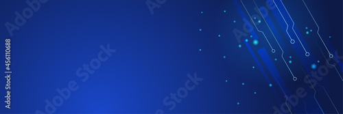 Blue circuit background. Wide banner background or web header with technology pattern in dark blue color. Futuristic web banner design