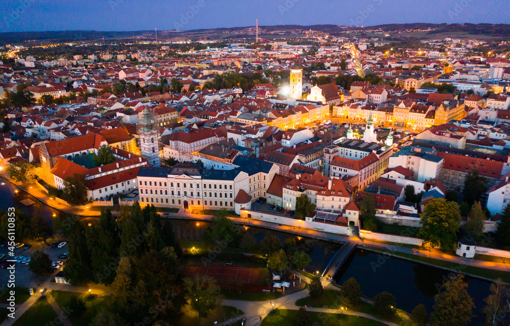 Aerial view of historic center of Ceske Budejovice overlooking large Ottokar II Square at twilight, South Bohemia Region, Czech Republic