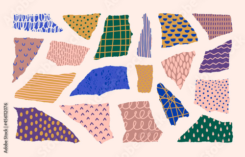 Collage Paper Shape Set with Different Hand Draw Patterns in Contemporary Style. Vector Torn Colourful