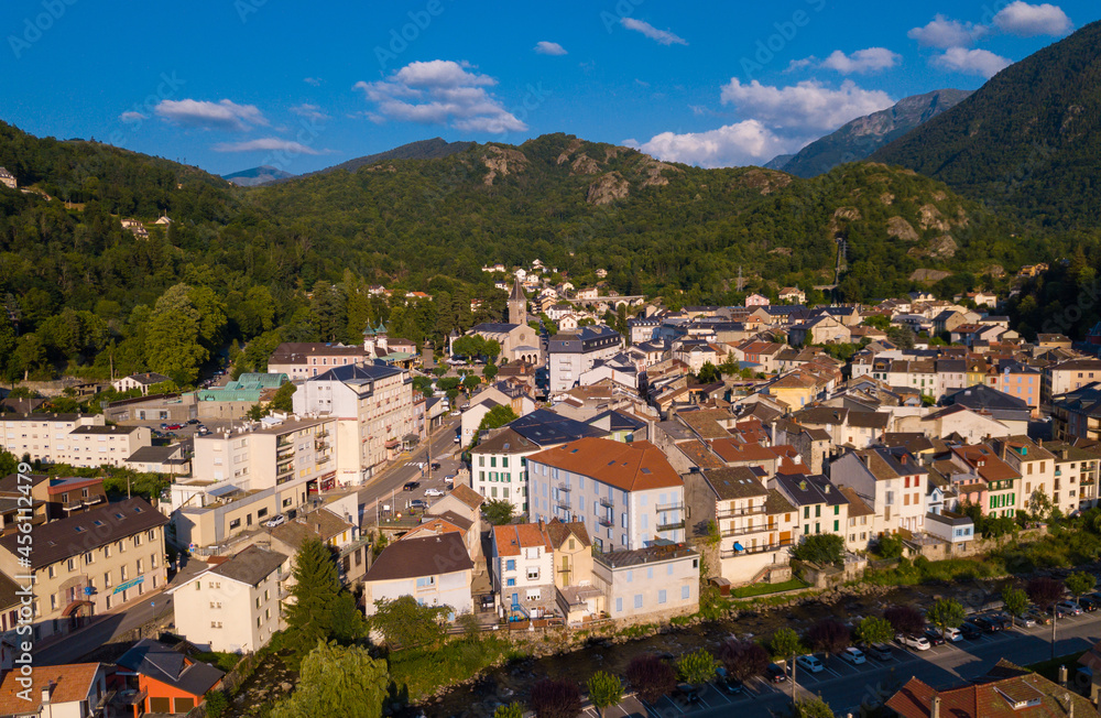 Picturesque summer mountain landscape with small French town of Ax-les-Thermes, Ariege department