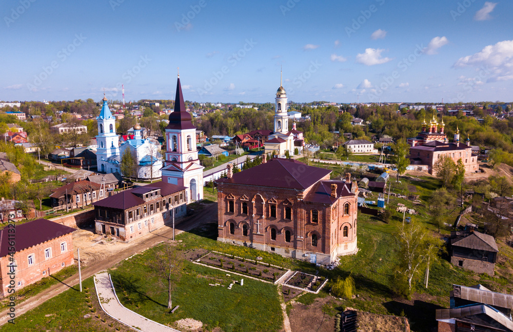 Aerial view of picturesque Belyov cityscape overlooking domes and bell towers of several churches, Russia