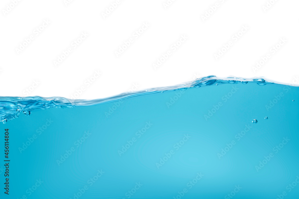 Water waves create bubbles floating in the water and splash in the clear blue water. soap bubbles in blue liquid