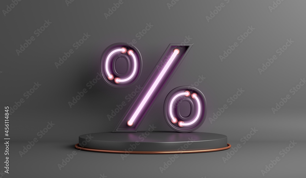 Black Friday sale background with neon light percent symbol, display podium, copy space text, 3D rendering illustration - obrazy, fototapety, plakaty 