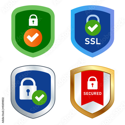 shield icon emblem SSL security secured web transaction encrypted symbol stamp cyber pad lock check tick
