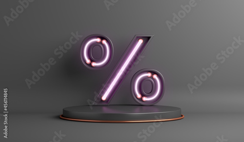 Black Friday sale background with neon light percent symbol, display podium, copy space text, 3D rendering illustration