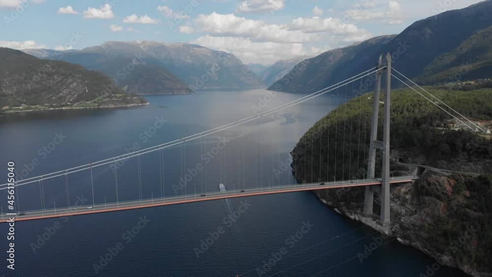 Aerial: amazing Hardanger Bridge, suspension bridge in Eidfjorden Norway Aerial: amazing Hardanger Bridge, suspension bridge in Eidfjorden Norway