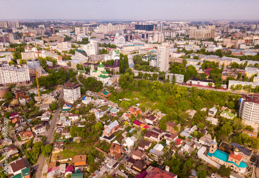 Scenic aerial view of Russian city of Voronezh in cloudy spring day..