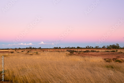 Colourful early evening landscape in desert country with straw coloured grasses photo