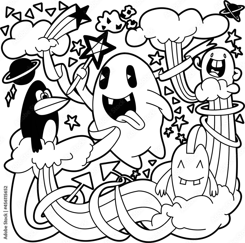 Fototapeta premium Funny monsters seamless pattern for coloring book. Black and white background. Vector illustration