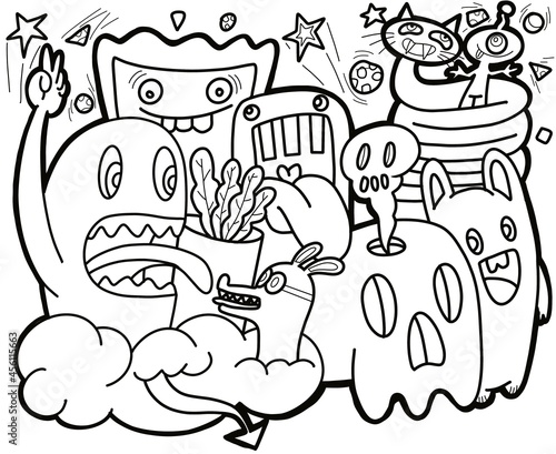 Funny monsters seamless pattern for coloring book. Black and white background. illustration
