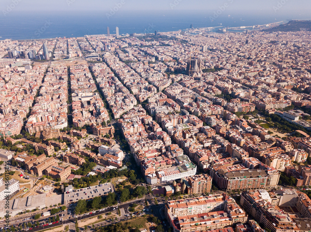 Obraz premium View from drone of Eixample district in Barcelona at sunny summer day