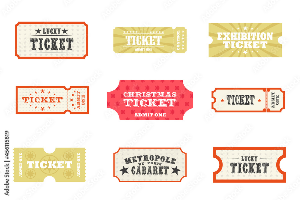 Set of 9 vintage tickets for all occasions. Vector illustration isolated on white background