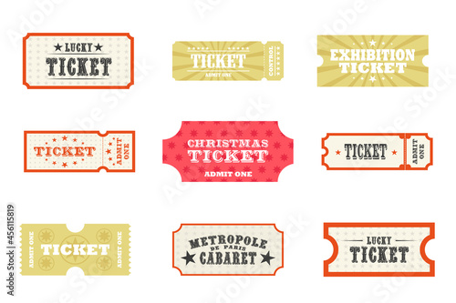 Set of 9 vintage tickets for all occasions. Vector illustration isolated on white background
