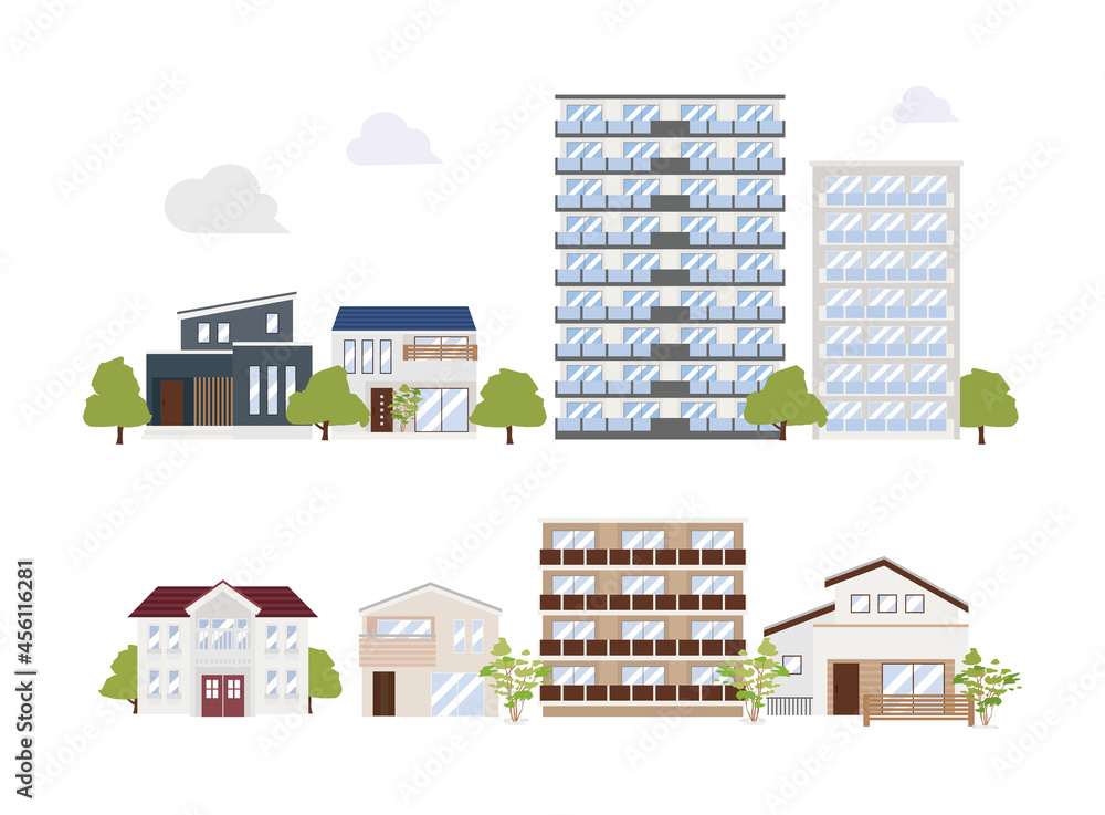 一軒家やマンションが立ち並ぶ街並みのベクターイラスト Stock Vektorgrafik Adobe Stock 一軒家やマンションが立ち並ぶ街並みのベクターイラスト Stock Vektorgrafik Adobe Stock