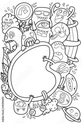 Funny monsters seamless pattern for coloring book. Black and white background.  illustration