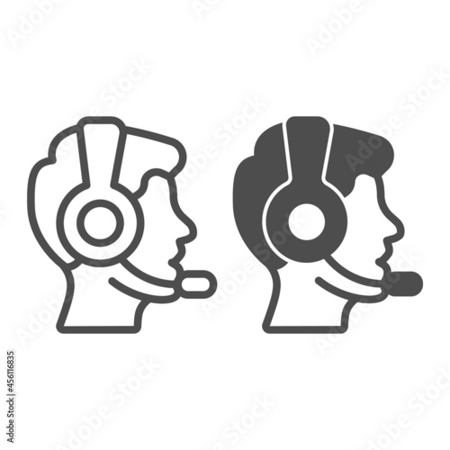 Profile of man in headphones and microphone line and solid icon, work concept, guy in headset vector sign on white background, outline style icon for mobile concept and web design. Vector graphics.