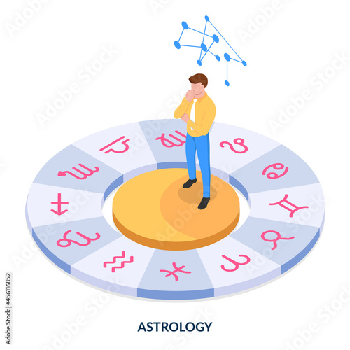 Astrology concept. The man stands on the wheel with the signs of the zodiac. Isometric illustration on white background