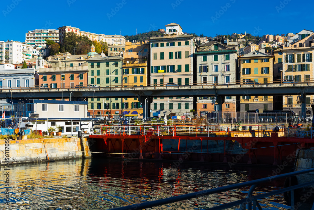 Old Port of Genoa with colorful houses on italian coastline outdoor.