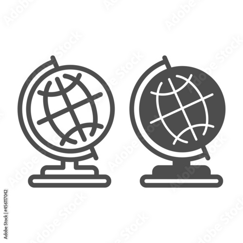 Globe with meridians on stand line and solid icon, education concept, earth globe vector sign on white background, outline style icon for mobile concept and web design. Vector graphics.