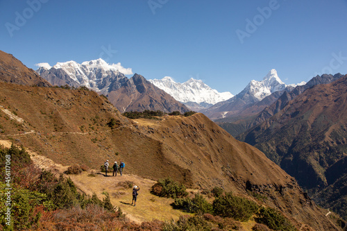 Trekkers at Everest View Hotel take in spectacular view of famous Mountain Range.