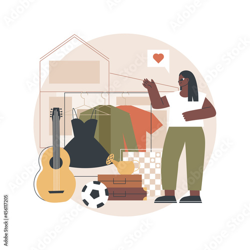 Garage sale abstract concept vector illustration. Flea market, second hand goods, garage selling day, vintage clothing give away, used inventory, yard pop up rummage sale abstract metaphor.