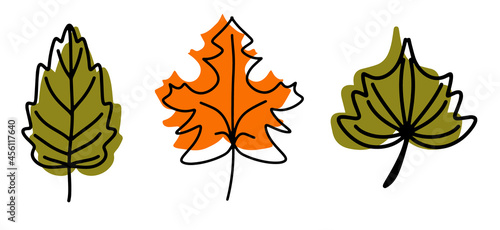 A collection of fallen autumn leaves of different shapes and colors. Autumn background, a poster with colorful leaves. Seasonal autumn elements for creating postcards, invitations. Cartoon flat style