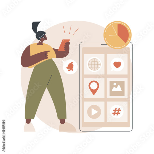 FOMO abstract concept vector illustration. Fear of missing out, social anxiety, having fun, stay connected, social interaction, internet use, psychological health and well-being abstract metaphor.