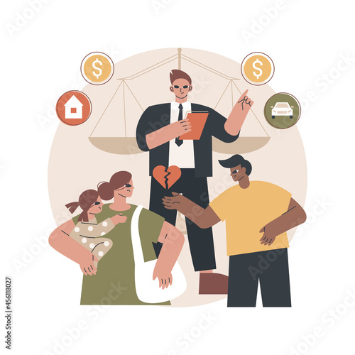 Matrimonial law abstract concept vector illustration. Family law, matrimonial property, child custody, divorce decree, scales of justice, sign document, judges gavel, agreement abstract metaphor.