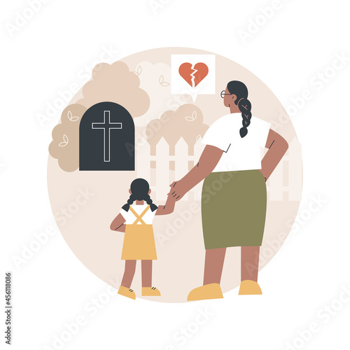 Widowed person abstract concept vector illustration. Spouse died, sorrowful elderly, grieving husband and wife, support group, loss of partner, funeral, gravestone, memory abstract metaphor.
