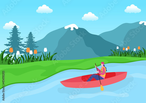 Rafting Background Flat Cartoon Vector Illustration With People do Activity Water Sports in the Middle of the Lake  Canoeing  Sitting in Boat and Holding Paddles