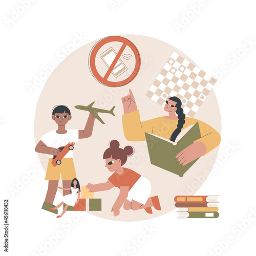 Low tech parenting abstract concept vector illustration. Low tech school, tech-free kids, media limitation, unplugger, gadget-free parenting, anti technology, no screen time abstract metaphor.