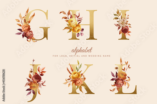 hand painted autumn floral alphabet set with red, yellow and brown flowers and leaves. Flowers composition for logo, cards, branding, etc