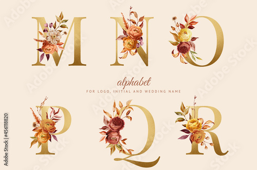 hand painted autumn floral alphabet set with red, yellow and brown flowers and leaves. Flowers composition for logo, cards, branding, etc