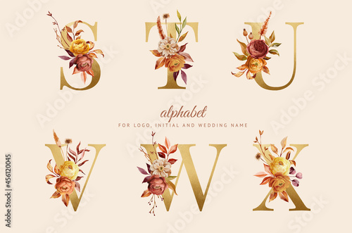 hand painted autumn floral alphabet set with red, yellow and brown flowers and leaves. Flowers composition for logo, cards, branding, etc