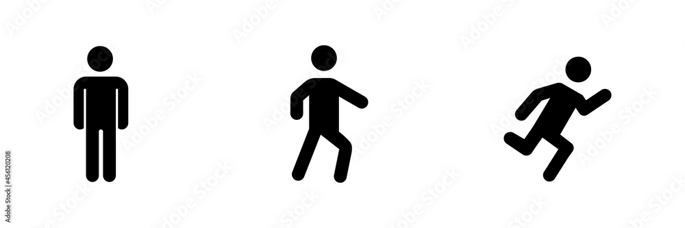 Conjunto de Icono de hombre de pie, caminando y corriendo. De pie, caminar y correr. Concepto de postura del cuerpo. Ilustración vectorial, estilo silueta negro Conjunto de Icono de hombre de pie, caminando y corriendo. De pie, caminar y correr. Concepto de postura del cuerpo. Ilustración vectorial, estilo silueta negro