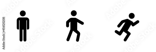Conjunto de Icono de hombre de pie, caminando y corriendo. De pie, caminar y correr. Concepto de postura del cuerpo. Ilustración vectorial, estilo silueta negro