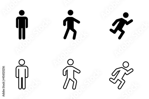 Conjunto de Icono de hombre de pie, caminando y corriendo. De pie, caminar y correr. Concepto de postura del cuerpo. Ilustración vectorial, estilo silueta y línea negro