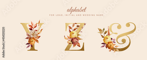hand painted autumn floral alphabet set with red, yellow and brown flowers and leaves. Flowers composition for logo, cards, branding, etc