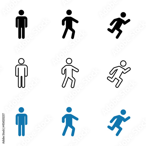 Conjunto de Icono de hombre de pie, caminando y corriendo. De pie, caminar y correr. Concepto de postura del cuerpo. Ilustración vectorial, estilo silueta azul, negro y línea negro