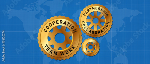 cogs wheel gear with map global partnership international team work collaboration cooperation